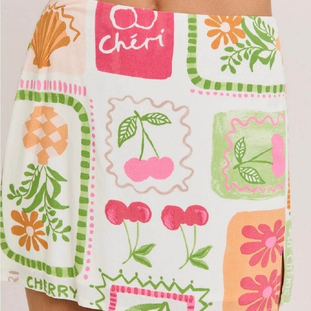 Le Lis White Mini Skirt with Pink, Green & Orange Print